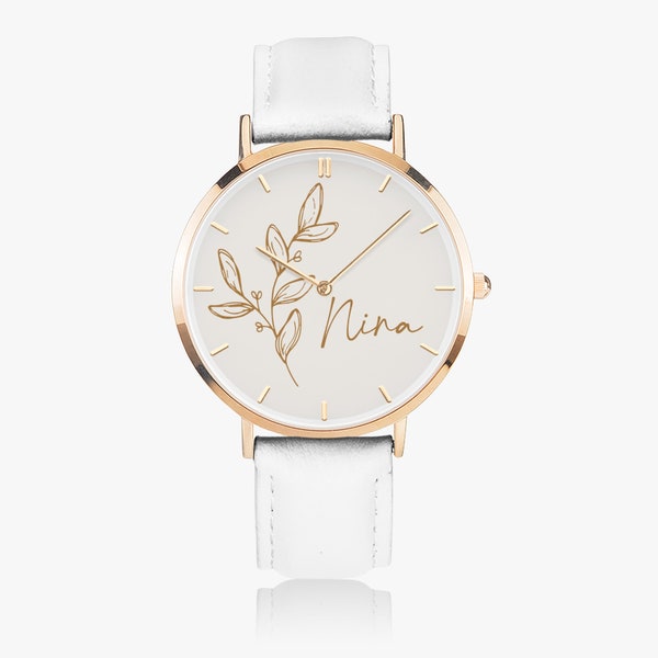 Montre personnalisée modèle NINA ROSE GOLD Unisexe en cuir véritable toutes occasions, mariage, anniversaire, naissance