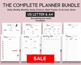 May include: A printable planner bundle in US Letter and A4 sizes. The bundle includes a to-do list, daily schedule, monthly planner, weekly schedule, year at a glance, goal planner, quarterly bill tracker, and expense tracker. The planners are black and white with pink accents.
