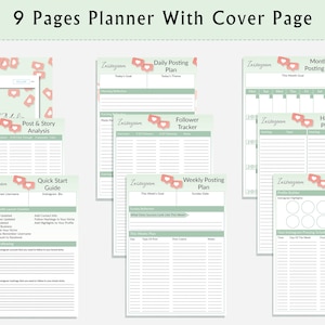 Op de afbeelding: Een planner van 9 pagina's met een omslag, met Instagram-sjablonen. De pagina's bevatten secties voor dagelijkse en wekelijkse plaatsingsplannen, volgers tracking, hashtag planning en een snelle startgids. Het ontwerp bevat een lichtgroen en roze kleurenschema.