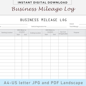 Journal de kilométrage imprimable, Journal de suivi de kilométrage, Kilométrage professionnel, Journal de miles, Suivi de miles, Kilométrage de véhicule, Kilométrage de voiture, A4, Lettre américaine PDF