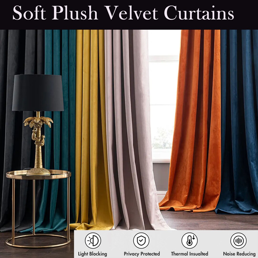 Pair of Blackout Velvet Curtains Solid Soft Grommet Curtains Thermal