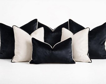 Luxury Black & Cream Velvet Cushion Covers Handmade Feather Filled Pillow Set Modern Neutral Decor