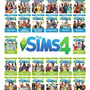 Può includere: Una collezione di pacchetti di espansione, game pack e stuff pack di The Sims 4 disposti in una griglia. Ogni confezione rettangolare presenta il logo del gioco, un titolo unico e illustrazioni colorate dei personaggi per ogni tema.