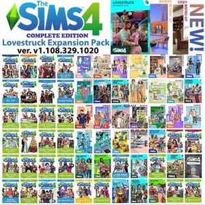 以下が含まれることがあります： Lovestruck拡張パックを含むThe Sims 4 Complete Editionソフトウェアパッケージ、バージョンv1.108.329.1020。画像には、カラフルなイラストとゲームロゴが描かれた多数の拡張パック、ゲームパック、スタッフパックのグリッドが表示されています。