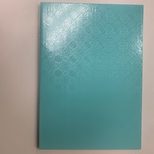 May include: A light blue box with a white embossed pattern. The box is made of cardboard and has a smooth surface.