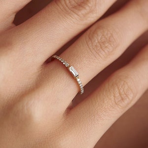 14K Solid Gold Diamond Baguette Ring, Dainty Promise Ring for Her, Real Gold Ring, Fine Jewelry Ring, Minimalist Rings for Women