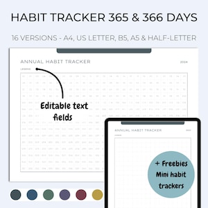 Printable and digital annual habit tracker 365 & 366 days, 365 days Challenge,  editable habit tracker, Goodnotes, Notability, Xodo template