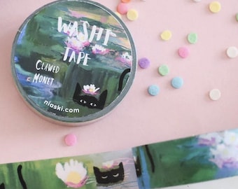 Clawed Monet Washi Tape Sample, Niaski Cat Art Series, Water Lily Garden (19" Sample)