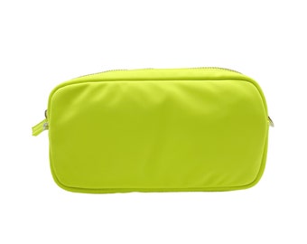 Neon Yellow Small Pouch, Nylon Pouch, Cosmetics Travel Pouch, DIY Customizable With Glitter Varsity Letter Initial Patches, High Quality,