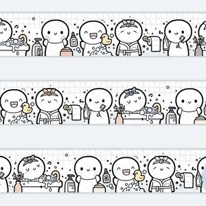 May include: A decorative washi tape featuring a repeating pattern of cartoon characters in a bathroom setting. The black and white line art includes figures bathing, wearing robes, and using toiletries, accented with soft pink and yellow details.