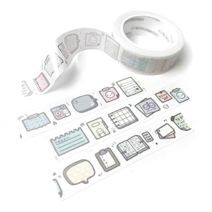 May include: A roll of decorative washi tape with a repeating pattern of cute, colorful planner-themed illustrations. The tape features images of notebooks, speech bubbles, and calendars. The tape is unrolled, showing the pattern.