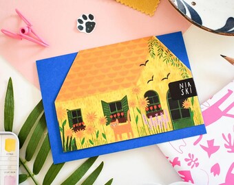 Niaski Vincat, Vincat's Yellow House, Niaski cut out house card, Cat Themed Card,