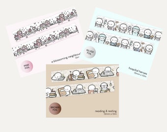 Muestras washi de TCMC de 12", Edición limitada TCMC Un vecindario floreciente, Héroes del hospital y Lectura y descanso, Emoticones de TheCoffeeMonsterzCo