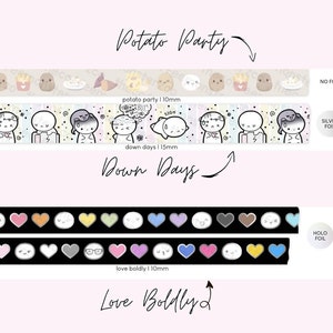 Échantillons de washi TCMC 12 pouces, édition limitée TCMC Potato Party, Love Boldly, and Down Days, TheCoffeeMonsterzCo Emotis, TCM Washi, Emoti Washi