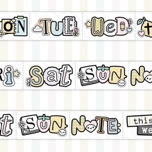 May include: A roll of decorative adhesive tape featuring pastel-colored, hand-drawn style lettering for the days of the week including Mon, Tue, Wed, Thu, Fri, Sat, Sun, and the word Note, accented with small icons like flowers, clouds, and hearts.