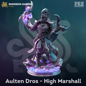 May include: A detailed miniature figurine of a warrior with silver and black armour, holding a glowing blue weapon. The figurine is standing on a base with purple and blue crystals.
