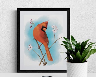 Cardinal Print Wall Art. Original Drawing by Seller. 8x10 Giclee. Red Bird Artwork.