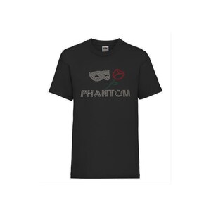 May include: Black t-shirt with a white mask and red rose design and the word "PHANTOM" in white rhinestones.