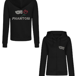 Phantom of the Opera zip up hoodie with sparkly musical theatre themed bling rose and mask detail