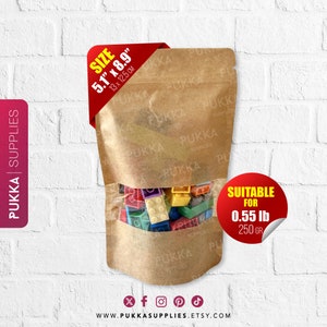 5.1"x8.9" (13x22.5cm) Resealable Kraft Doypack Bags with Window, Kraft Stand Up Pouches, Gift Bags Treats, Brown Paper Pouches - PS0003