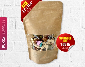 7.1"x11.4" Resealable Kraft Doypack Bags with Window, Kraft Stand Up Pouches, Gift Bags Treats, Brown Paper Pouches - PS0014