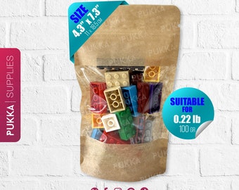 4.3"x7.3" WIDE WINDOW Resealable Kraft Doypack Bags, Kraft Stand Up Pouches, Gift Bags Treats, Brown Paper Pouches - PS0007