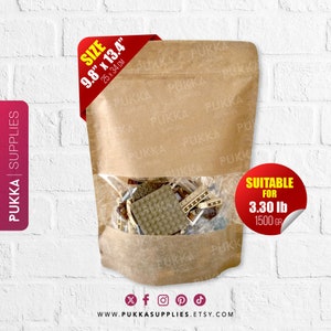 9.8"x13.4" (25x34cm) Resealable Kraft Doypack Bags with Window, Kraft Stand Up Pouches, Gift Bags Treats, Brown Paper Pouches - PS0006