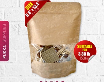 9.8"x13.4" Resealable Kraft Doypack Bags with Window, Kraft Stand Up Pouches, Gift Bags Treats, Brown Paper Pouches - PS0006
