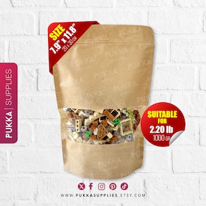 7,9 x 11,8 inch hersluitbare kraft-doypack-zakjes met venster, kraft-kraftzakjes, cadeauzakjes, bruine papieren zakjes - PS0005
