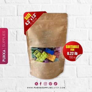 4.3"x7.3" (11x18.5cm) Resealable Kraft Doypack Bags with Window, Kraft Stand Up Pouches, Gift Bags Treats, Brown Paper Pouches - PS0002