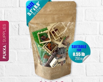 5.1"x8.9" WIDE WINDOW Resealable Kraft Doypack Bags, Kraft Stand Up Pouches, Gift Bags Treats, Brown Paper Pouches - PS0008