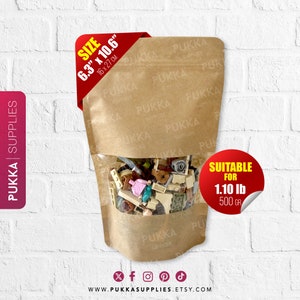 16 x 27 cm (6,3 x 10,6 po.) Sacs Kraft Doypack refermables avec fenêtre, pochettes kraft debout, sacs cadeaux pour gâteries, pochettes en papier brun - PS0004
