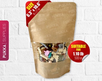 6.3"x10.6" Resealable Kraft Doypack Bags with Window, Kraft Stand Up Pouches, Gift Bags Treats, Brown Paper Pouches - PS0004