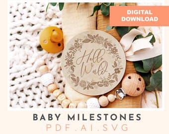 Floral Baby Milestone Disc SVG: Hello World lasergesneden bestand (digitale download)