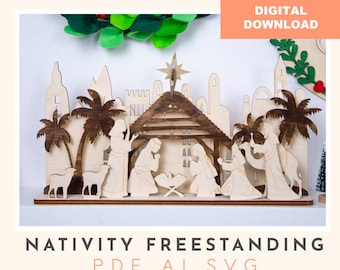 May include: A wooden Nativity scene with a star, palm trees, and figures of Mary, Joseph, and the Three Wise Men. The scene is laser-cut from light-colored wood with darker brown accents. The words "DIGITAL DOWNLOAD" are in the top right corner.