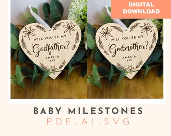Godparent Hanging Hearts SVG: Baby Milestone Disc, Laser Cut File (Digital Download)