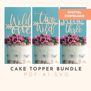 Könnte beinhalten: Ein Tortenaufsatz-Bundle mit Holzaufsätzen für den ersten, zweiten und dritten Geburtstag. Jeder Aufsatz ist mit einem Pfeil und den Worten "Wild One", "Two Wild" und "Three" gestaltet. Die Kuchen sind mit rosa Blumen verziert.