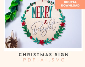 Engraved 'Merry & Bright' Christmas Wooden Sign Laser Cut File (Digital Download)