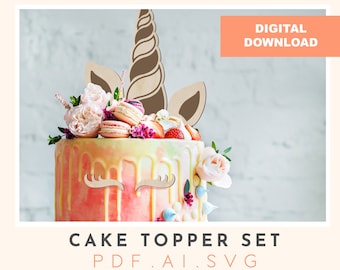 Eenhoorn taarttopper SVG-set: lasergesneden verjaardagsdecoratie (digitale download)