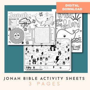 May include: Black and white printable activity sheets for kids featuring the story of Jonah from the Bible. The sheets include a word scramble, a maze, a word search, a 'I Spy' game, and a coloring page with the text 'Jonah cried unto the Lord'.
