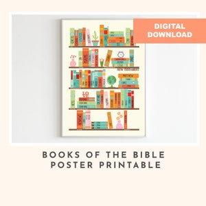 May include: A printable poster featuring a bookshelf with the books of the Bible listed on the spines. The poster is in a light yellow colour with a light brown bookshelf and colourful book spines. The text "BOOKS OF THE BIBLE POSTER PRINTABLE" is at the bottom of the poster.