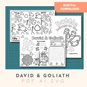 May include: Black and white printable activity sheets with a "David & Goliath" theme. Includes an I Spy game, word scramble, maze, and coloring pages. The phrase "Battle belongs to the Lord" is also featured.
