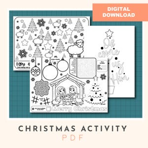 Könnte beinhalten: Ein schwarz-weißes Weihnachtsaktivitäts-PDF mit verschiedenen Designs, darunter Schafe, Weihnachtsbäume, Sterne und eine Krippe. Der Text "Merry Christmas" ist sichtbar, zusammen mit den Worten "Digital Download".