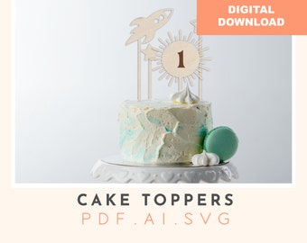 Space Cake Topper SVG: First Birthday Rocket, Sun, Stars (Digital Download)