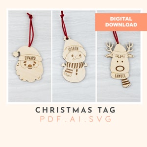 Personalised christmas ornaments tag, fun christmas tags, snowman, Santa, laser cutting, glowforge file, cutting file, svg file