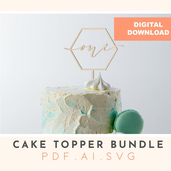 12 hexagon Cake toppers bundle, Birthday cake topper svg, laser cut cake topper file, vector cake topper file, number topper