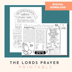 The Lord&#39;s Prayer Activity sheet, bible story activity, Ispy and colour in poster, printable Sunday school craft, printable church craft