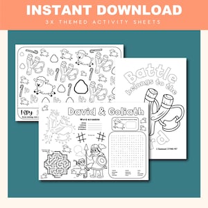 May include: Three themed activity sheets with the text "INSTANT DOWNLOAD" at the top. The sheets feature illustrations of sheep, slingshots, and the story of David and Goliath. One sheet says "I Spy" and another says "Battle belongs to the Lord."