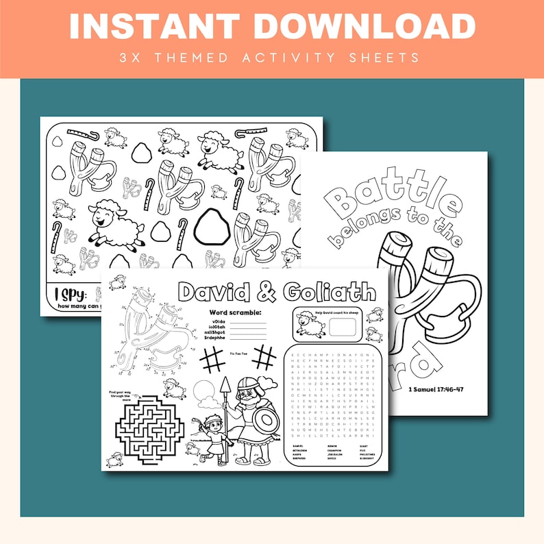 May include: Three themed activity sheets with the text "INSTANT DOWNLOAD" at the top. The sheets feature illustrations of sheep, slingshots, and the story of David and Goliath. One sheet says "I Spy" and another says "Battle belongs to the Lord."