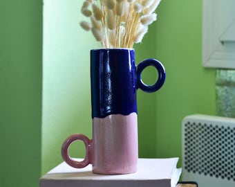 Vase en céramique bleu et rose, vase pour fleurs séchées, idées cadeaux, décoration d'intérieur, idée cadeau de pendaison de crémaillère, vase minimaliste bleu et rose